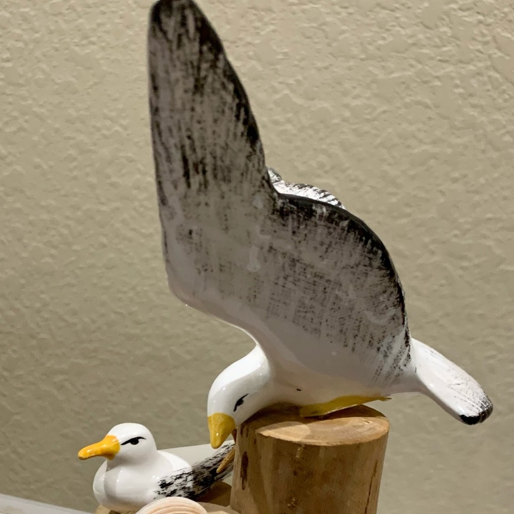 Beautiful Antique Folk Art Porcelain Seagull bird perched on Wood knot